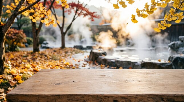 Wooden Table Top with Autumn Leaves and Steamy Pond Background for Product Display