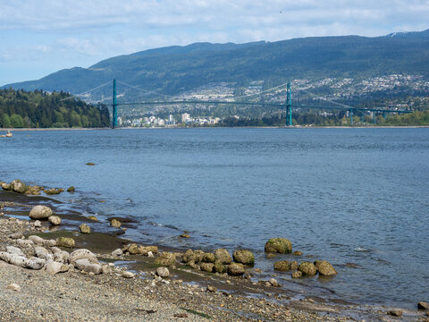 Scenic view of Lions Gate Bridge from Stanley park - Vancouver, British Columbia, Canada