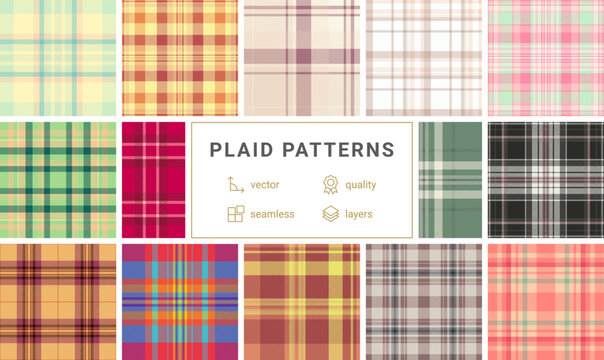 Plaid bundle ideal for USA-inspired apparel, home decor, and buffalo check textiles. Vector designs perfect for shirts, jackets, scarves, and blankets.