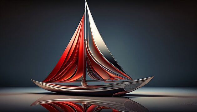 modern abstract 3d sailboat with metallic and red sails