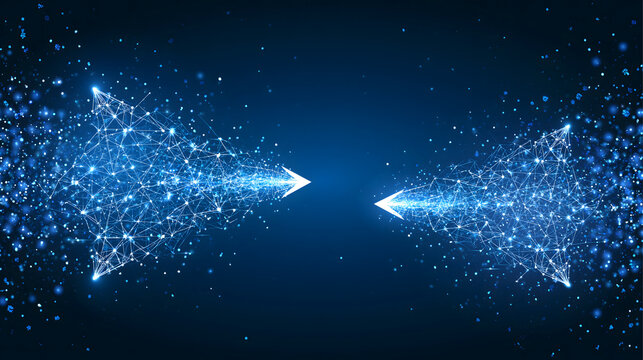 Two digital arrows composed of glowing blue particles, converging in a dark blue space, symbolizing connection and technology.