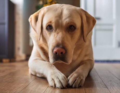 loyal labrador retriever dog sitting calmly on floor