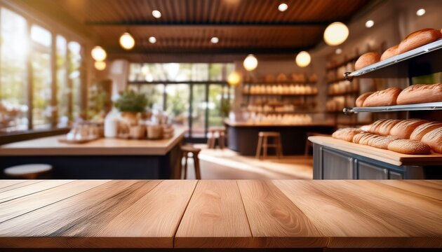 empty wooden table top with blurred interior of cafe or bakery background