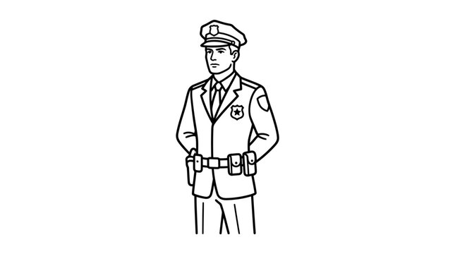 Clean Black and White Line Drawing of a Police Officer in Uniform Standing with Belt and Baton with high quality professional line art symbols for modern creative design and digital branding projects