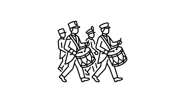 Clean Black and White Line Drawing of Marching Band Drummers in Uniforms Playing Snare Drums with high quality professional line art symbols for modern creative design and digital branding projects