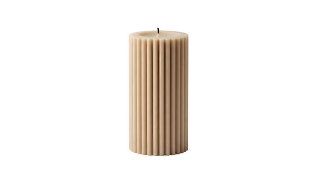 Minimalist Beige Ribbed Pillar Wax Candle Unlit Isolated on Transparent Background