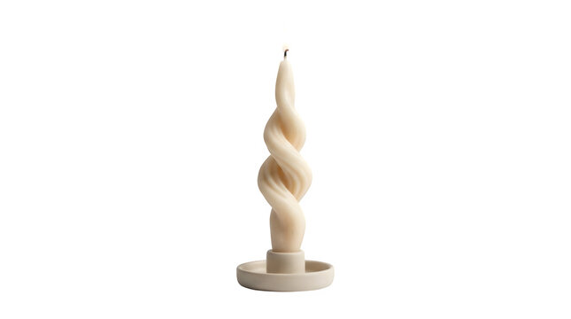 Elegant Burning Cream Spiral Twisted Wax Candle in Ceramic Holder Isolated on Transparent Background