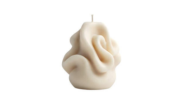 Modern Sculptural Cream Wax Candle with Abstract Wavy Shape Isolated on Transparent Background