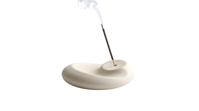 Minimalist Modern Ceramic Incense Holder with Burning Stick and Rising Smoke Isolated on Transparent Background