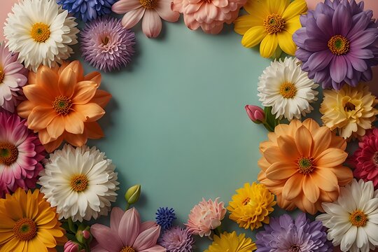 A decorative floral border surrounding a clean mint green center, filled with colorful blossoms in warm and pastel tones. The open center provides generous space for text, branding, invitations, or cr