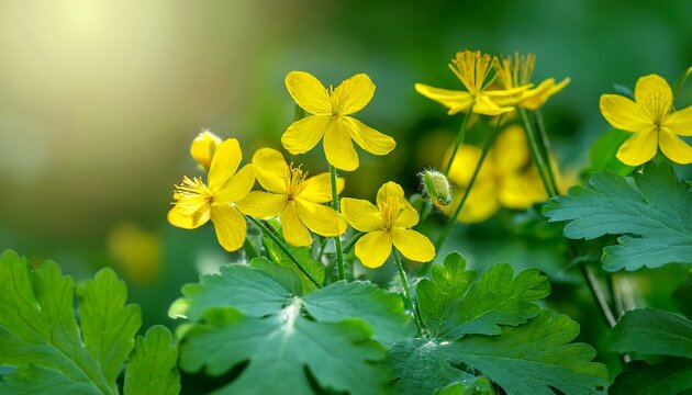 Closeup Of Celandine Chelidonium Majus Plant Medicinal Herbaceous Plant Celandine Soft Selective Focus