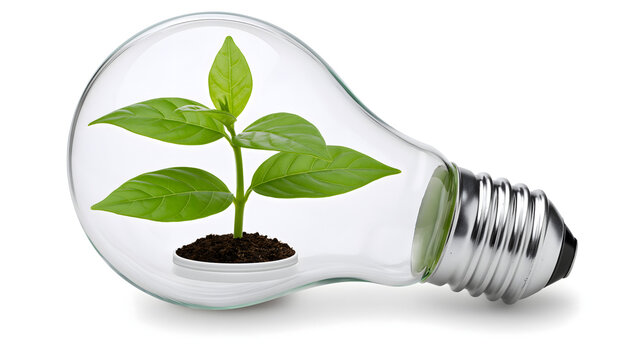 A lightbulb featuring a young green plant inside, symbolizing eco-friendly energy and growth.