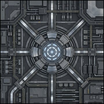 Futuristic sci-fi reactor core background with glowing blue energy generator, symmetrical metallic spaceship engine tech panel for cyberpunk game environment