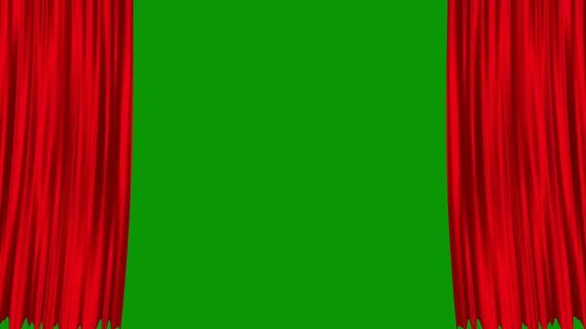 Red theatrical waving curtains opening and closing on green screen background, opera, stage scenes, abstract 3d animation of silk cloth revealing background with alpha matte, 4k ultra hd