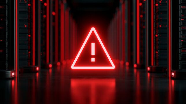 A glowing red warning alert sign sits within a dark, high-tech server room. Concept for cyber security threat or.
