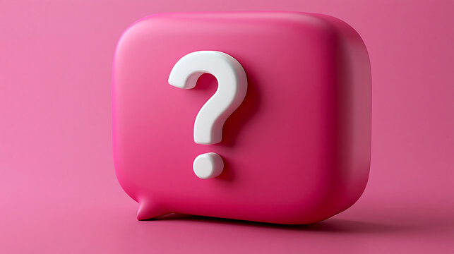 A 3D pink speech bubble with a white question mark inside. Conceptual design for FAQ and customer support graphics.