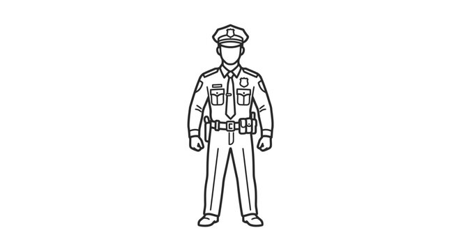 Industrial Style Line Drawing of a Police Officer in Uniform with Cap Belt and Badge Minimalist Black and White