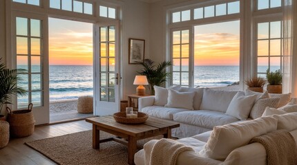 Naklejka premium Modern living room inside beach house with open glass doors facing ocean at sunset. White sofa with cushions stands on rug near wood coffee table. Calm resort villa interior scenic view of tropical