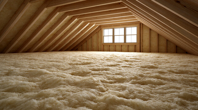 Attic floor covered with thick fiberglass insulation batting. Home energy efficiency and thermal insulation improvement.