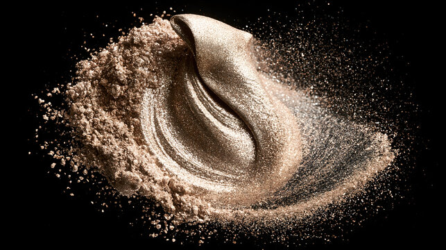 A shimmering golden mixture creates a captivating swirl against a black background, showcasing elegant textures and colors.