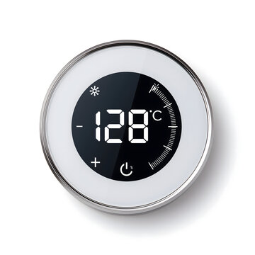 Modern digital thermostat displaying temperature at 128&deg;C with sleek design and clear LED interface.