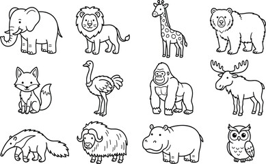 Obraz premium Cute Cartoon Wild Animal Vector Line Icon Set Featuring Elephant Lion Giraffe Bear Fox Gorilla Moose Hippo and Owl Doodle Illustrations