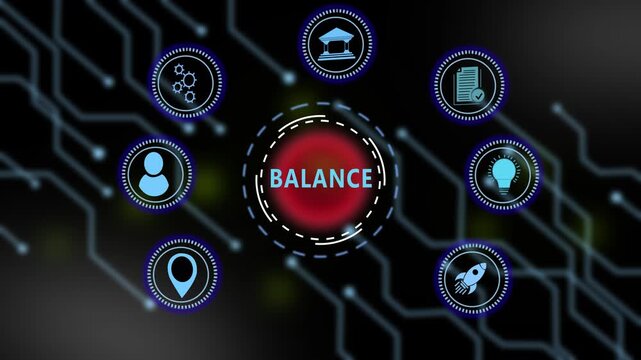 Digital business balance concept infographic featuring animated for corporate strategy, growth, financial stability, innovation, and workflow management in a modern tech environment