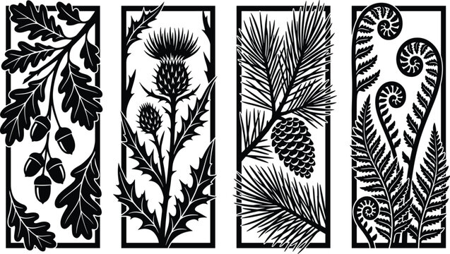 Decorative Botanical Panel Silhouette Vector Set Featuring Oak Leaves Acorns Thistle Flower Pine Branch with Cone and Fern Fronds