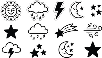 Fototapeta premium Hand Drawn Celestial and Weather Vector Icon Set Featuring Sun Moon Stars Rain Clouds Lightning and Celestial Elements for Design