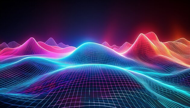 glowing neon wireframe landscape with colorful waves n futuristic abstract terrain background