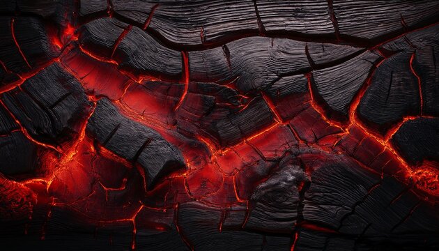 dark mysterious background with glowing red lava cracks charred wood texture and space for text or design