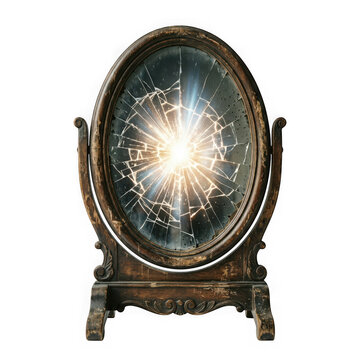 Antique oval mirror with shattered glass and bright light inside isolated on transparent background
