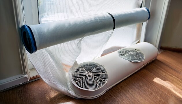 portable mobile air conditioner exhaust tube evacuated through airtight white polyester window sealing cloth installation