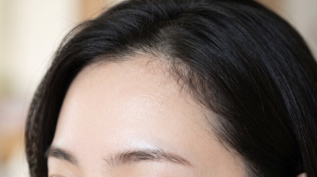 Young Japanese woman touching her hair with a clean minimalist backdrop, cosmetics and beauty advertising concept, ideal for spa and wellness promotions