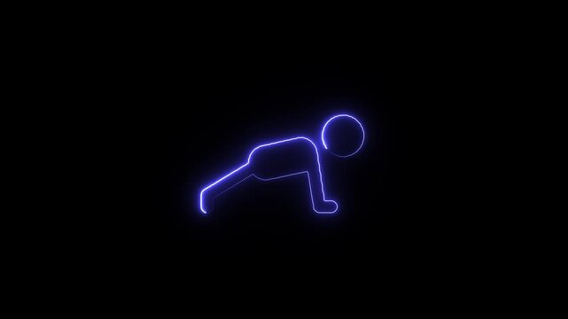Glowing neon stick figure doing push ups exercise on dark background an blue silhouette performing