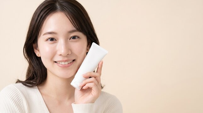 Young Japanese woman applying moisturizer cream in a bright indoor studio setting, natural beauty and skincare concept, great for wellness and self care marketing