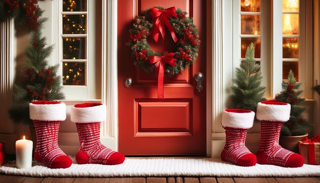 red knitted stockings with white cuffs resting near decorated doorway and wreath in cozy seasonal home