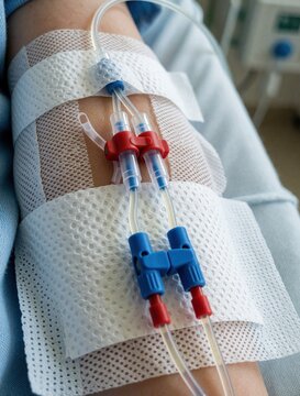 Central venous catheter attached to human arm with medical dressing. Patient skin shows plastic tube device for intravenous infusion therapy in hospital room. Clinical equipment delivers medication