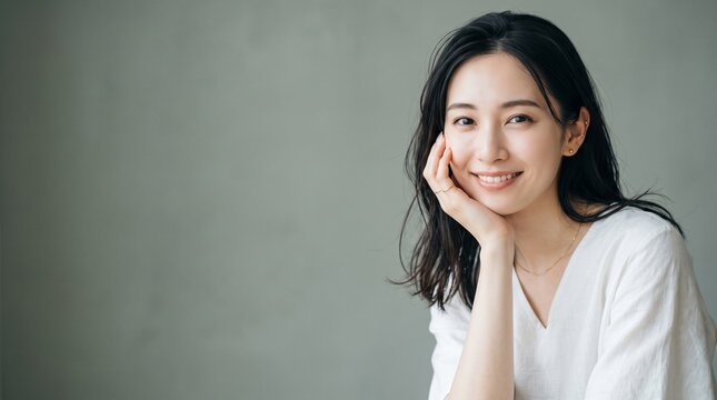 Young Japanese woman resting hand on face in a bright indoor studio setting, natural beauty and skincare concept, great for wellness and self care marketing