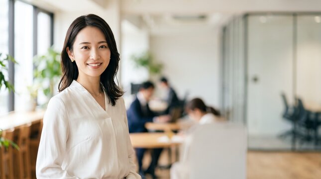 Young Japanese woman wearing white blouse in a bright indoor studio setting, natural beauty and skincare concept, great for wellness and self care marketing