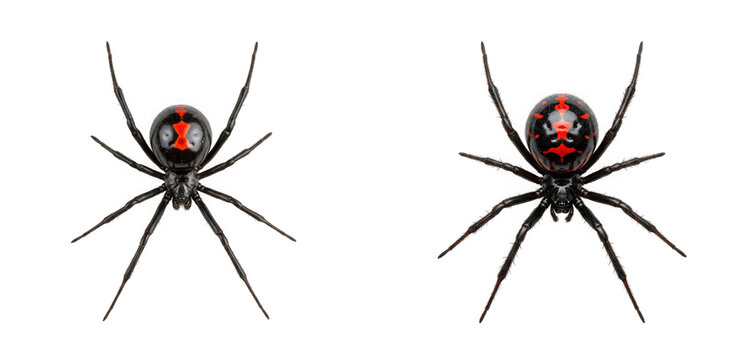 Two black widow spiders with red hourglass markings isolated on transparent background