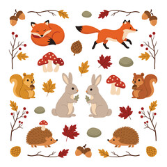 Obraz premium Cute autumn forest animals and plants including foxes squirrels rabbits hedgehogs mushrooms leaves