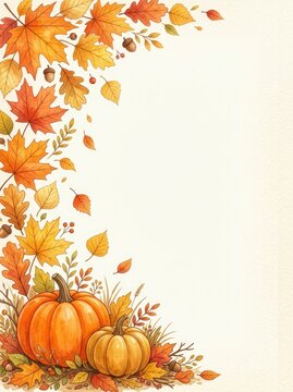 Watercolor illustration of autumn leaves and pumpkins forming a beautiful seasonal border on a white background for design
