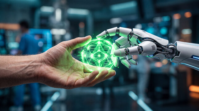 Robot hand and human hand interact with a floating green light sphere in a high-tech laboratory setting to depict a collaborative interface for futuristic research and data analysis projects.