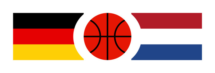 Obraz premium Germany vs Netherlands national flags basketball competition banner background