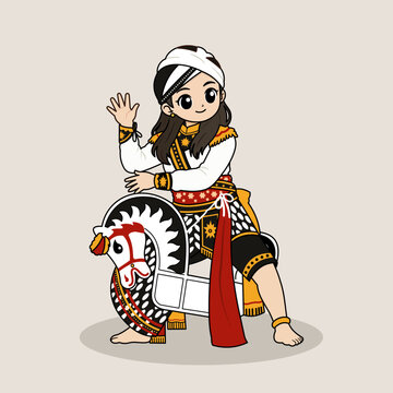 Adorable chibi girl performing the traditional Jaran Kepang (Kuda Lumping) dance while holding a woven bamboo horse. The character wears an authentic-inspired Javanese costume with decorative ornament