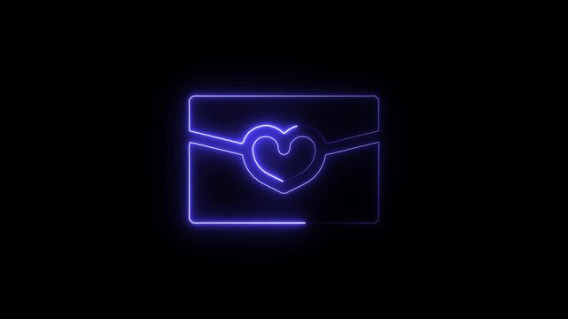 Glowing purple neon outline of an envelope with a heart icon isolated on black background a digital