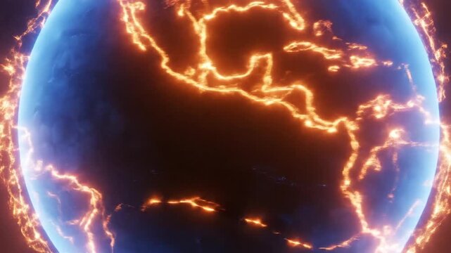 Glowing Earth planet with burning tectonic plate lines in outer space