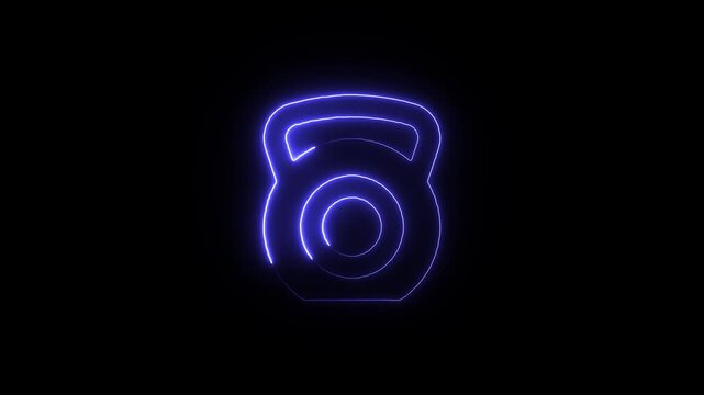 Neon glowing blue kettlebell outline icon on black background a light illustration representing a weight isolated