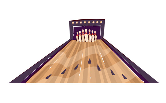 Bowling lane with polished wooden track, ten pins and lane arrows. Sports club and tournament graphics feature a bowling lane, cartoon vector illustration.